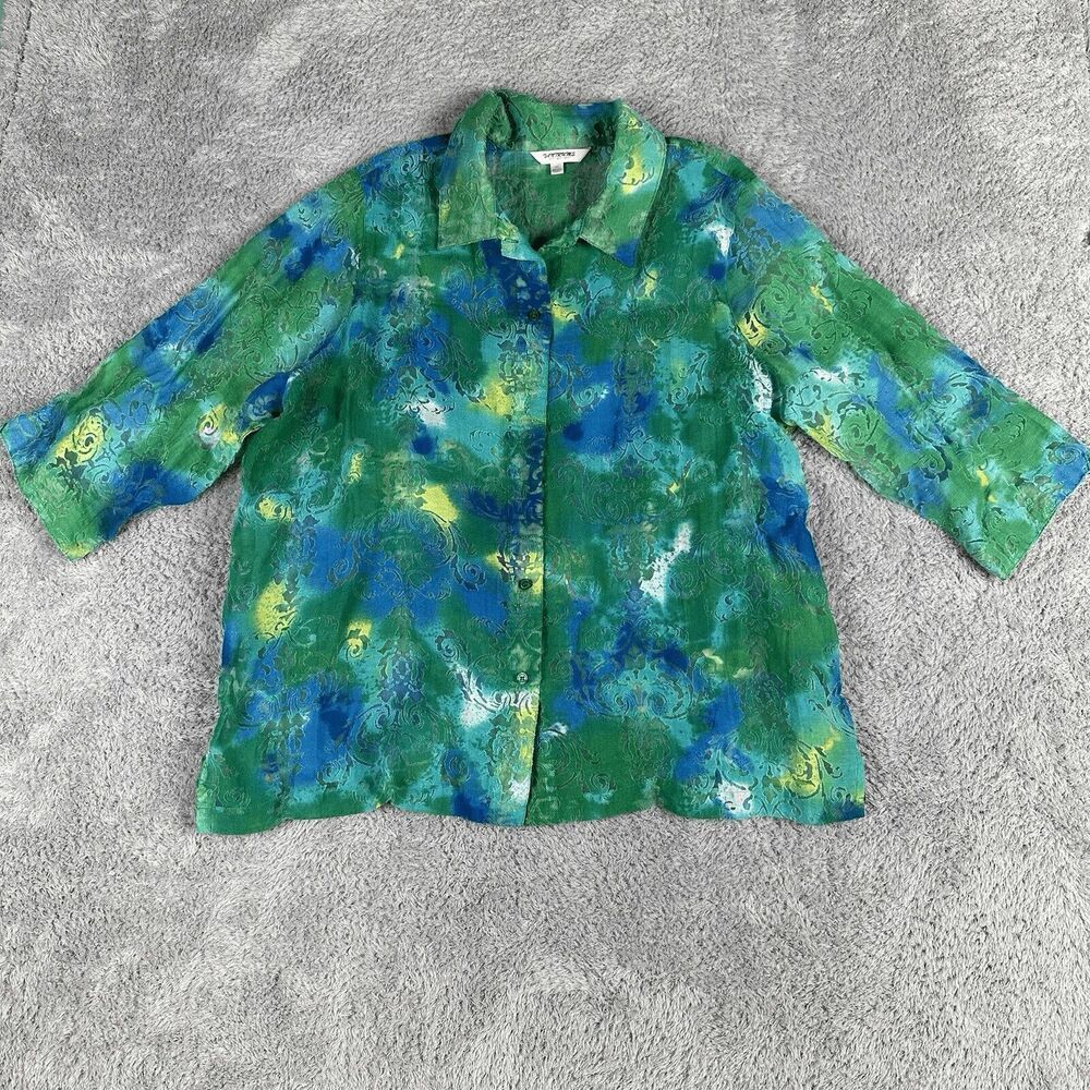 Tantrums Women's Long Sleeve Button Up Top XXL Mesh Cutout Blue Green Burnout